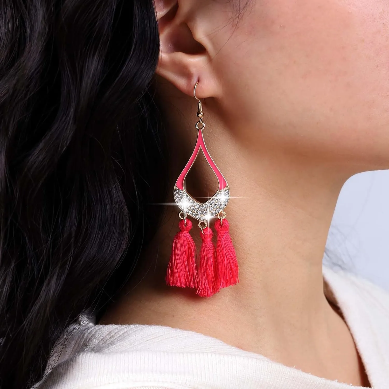 Boho Yellow Tassel Drop Earrings Gold Rhinestone Teardrop Earrings Yellow Chandelier Fringe Earrings Statement Thread Tassel Earrings Pear Shape Drop Earrings Jewelry for Women