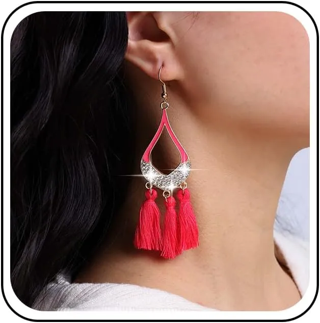 Boho Yellow Tassel Drop Earrings Gold Rhinestone Teardrop Earrings Yellow Chandelier Fringe Earrings Statement Thread Tassel Earrings Pear Shape Drop Earrings Jewelry for Women