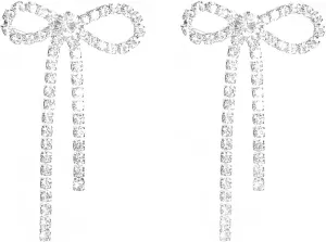 Bow Earrings for Women Rhinestone Long Tassel Earrings Ribbon Bow Drop Earring Silver Stainless Steel Dangle Earrings Cute Sparkly Jewelry