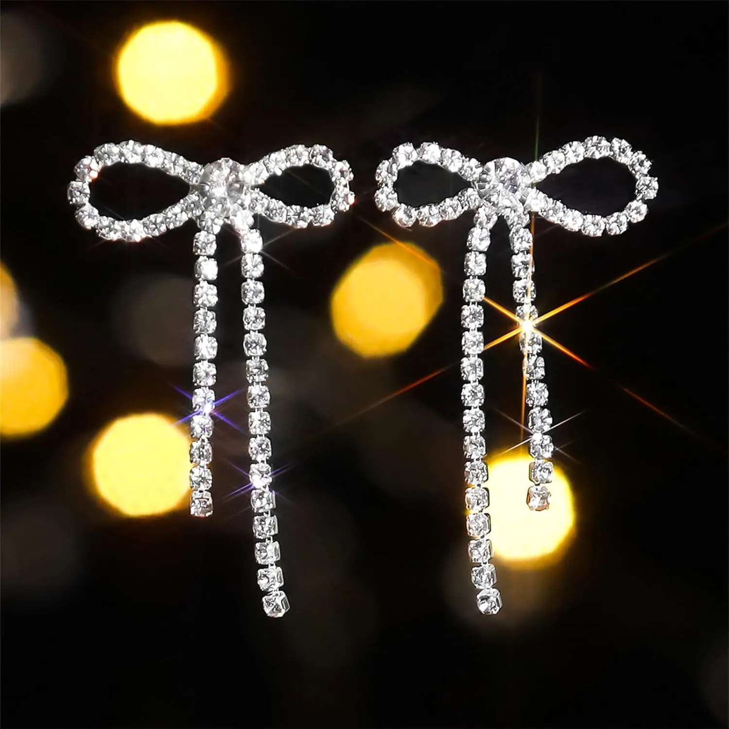 Bow Earrings for Women Rhinestone Long Tassel Earrings Ribbon Bow Drop Earring Silver Stainless Steel Dangle Earrings Cute Sparkly Jewelry