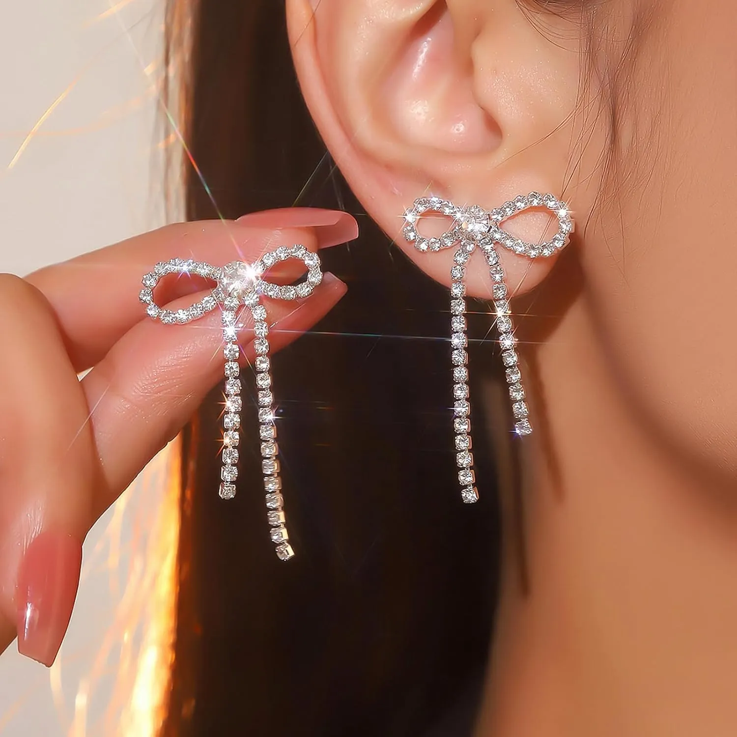 Bow Earrings for Women Rhinestone Long Tassel Earrings Ribbon Bow Drop Earring Silver Stainless Steel Dangle Earrings Cute Sparkly Jewelry