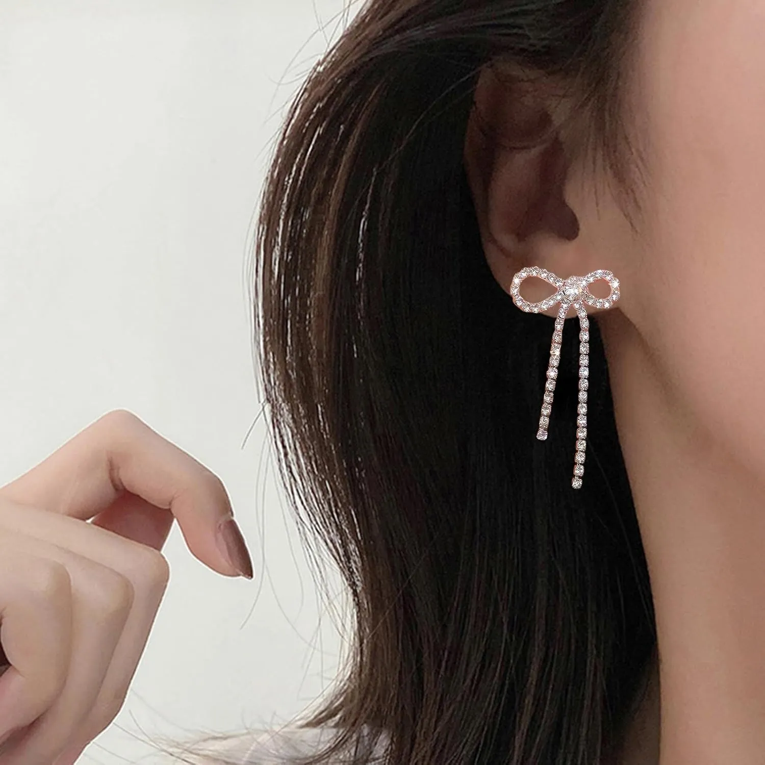 Bow Earrings for Women Rhinestone Long Tassel Earrings Ribbon Bow Drop Earring Silver Stainless Steel Dangle Earrings Cute Sparkly Jewelry