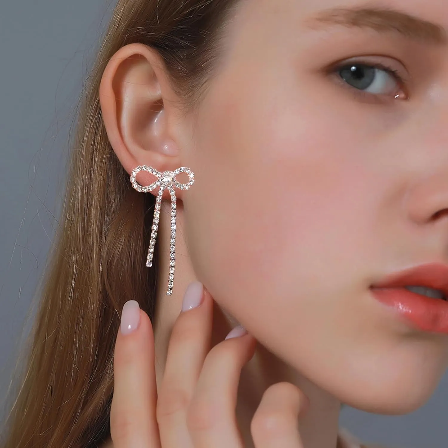 Bow Earrings for Women Rhinestone Long Tassel Earrings Ribbon Bow Drop Earring Silver Stainless Steel Dangle Earrings Cute Sparkly Jewelry