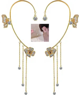 Butterfly Tassel Zircon Earrings,Butterfly Flowers no Piercing Ear Clips for Women Long Chain Crystal Butterfly Ear Cuff Earrings