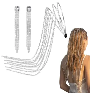 BVGA Crystal Tassel Headband and Earrings for Women Sparkly Rhinestone Hair Chain Hairhoop Wedding Bridal Headband Halloween Prom Hair Jewelry for Women and Girls