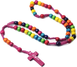 Catholic Colorful Beads Rosary Necklaces Vintage Crucifix Pendant Cross Necklaces Religious Women Jewelry