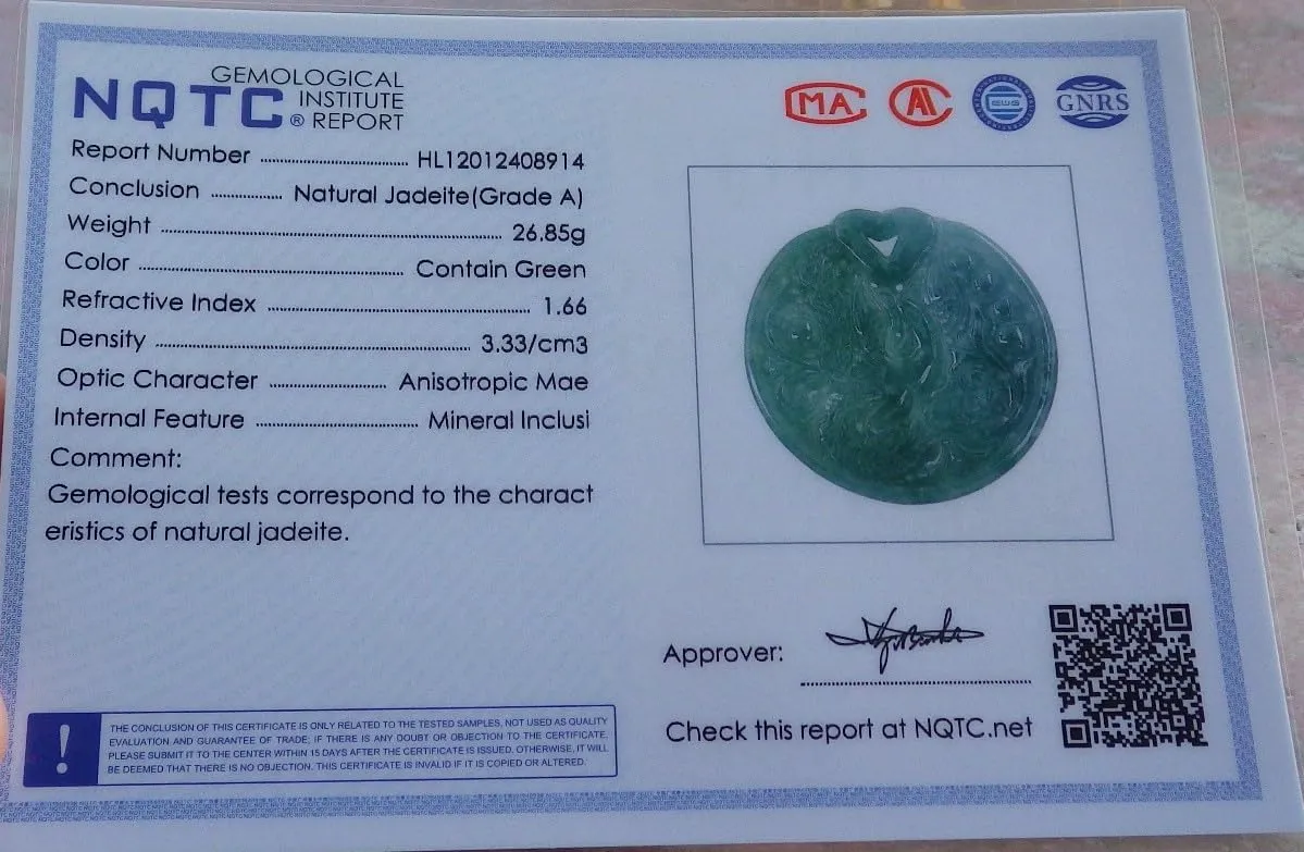 Certified Icy Green Grade A Jade jadeite Pendant Dragon Phoenix 685180 AS