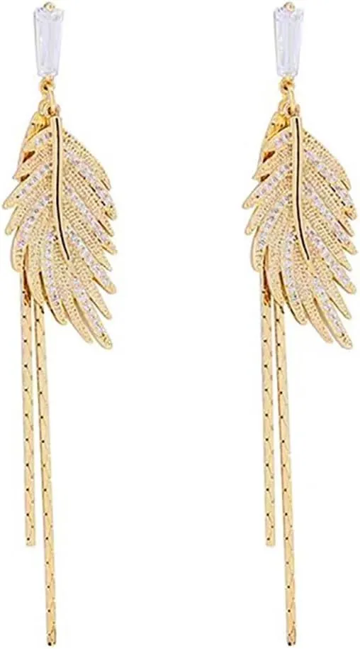 Channel V Super Sparkle Zirconia Cross Star Tassel Earrings Asymmetrical Design Long Rhinestone Dangle Tassel Earrings Gold Leaf Rhinestone Earrings Silver Ear Stud