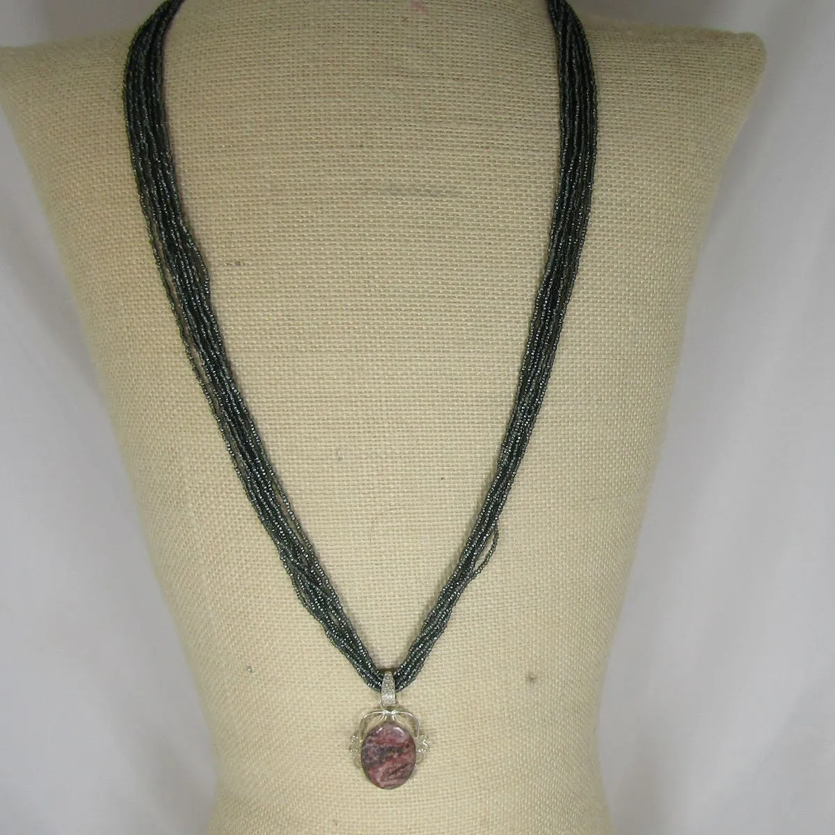 Charcoal Multi-strand Necklace with Jasper Pendant