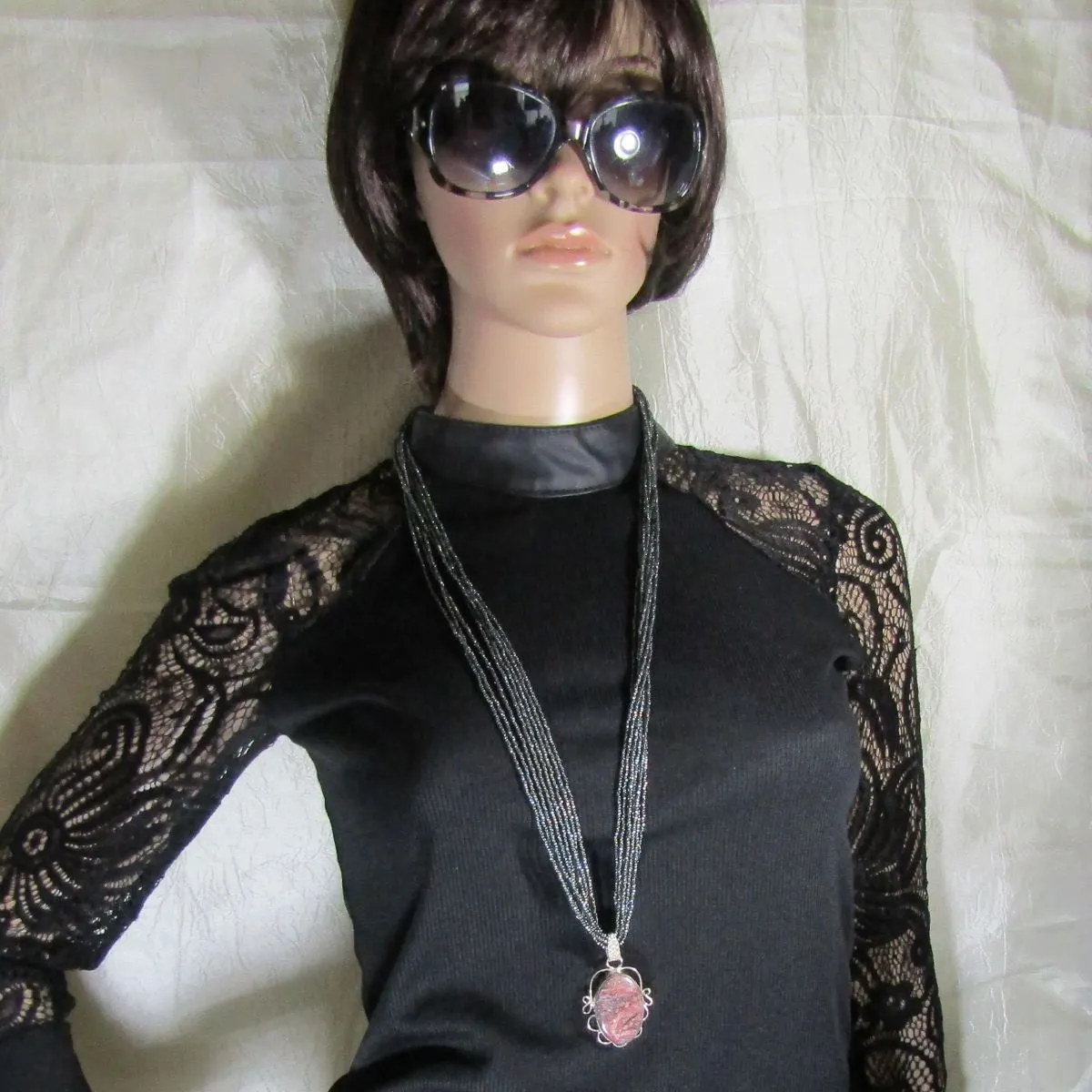 Charcoal Multi-strand Necklace with Jasper Pendant