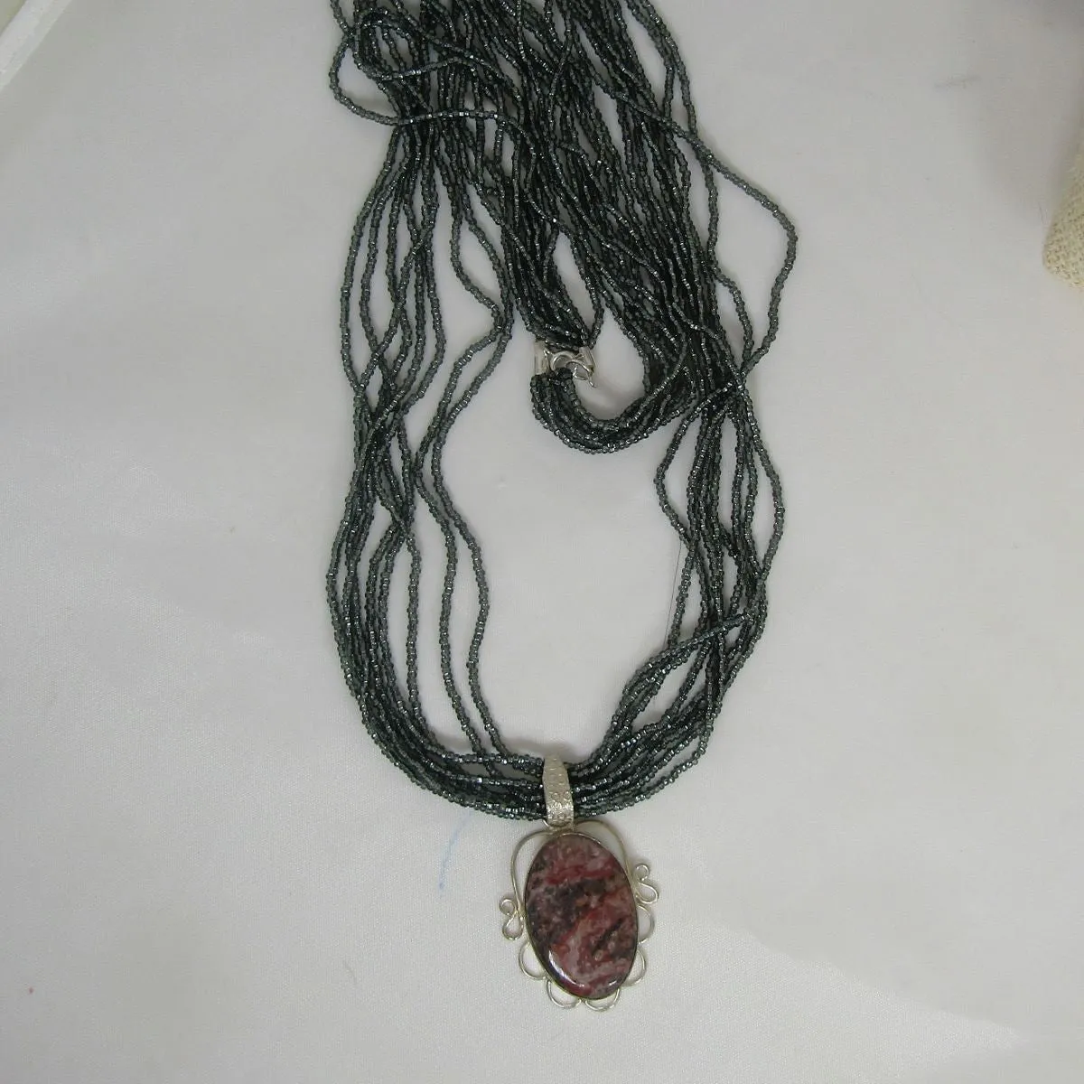 Charcoal Multi-strand Necklace with Jasper Pendant