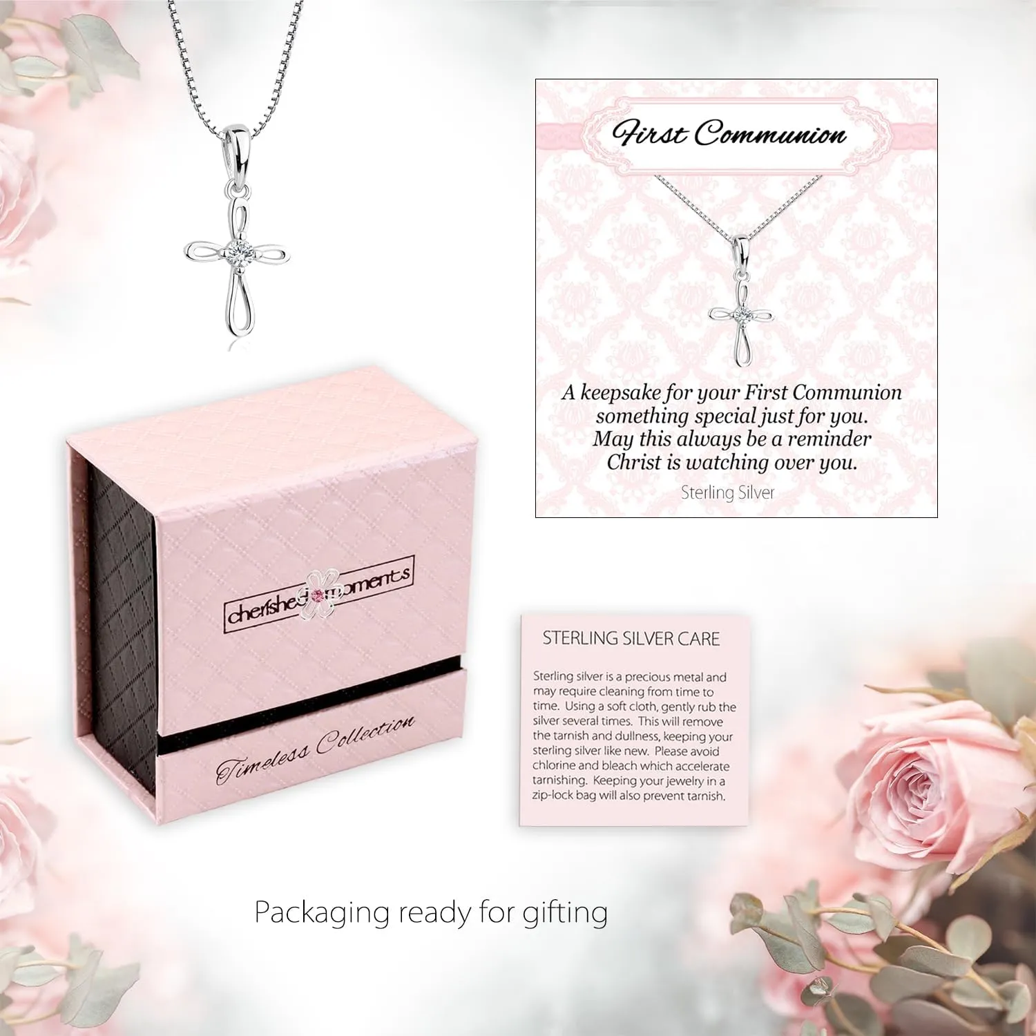 Cherished Moments Girls Sterling Silver Cross Necklaces for Holy First Communion Gifts with Poem in Gift Box