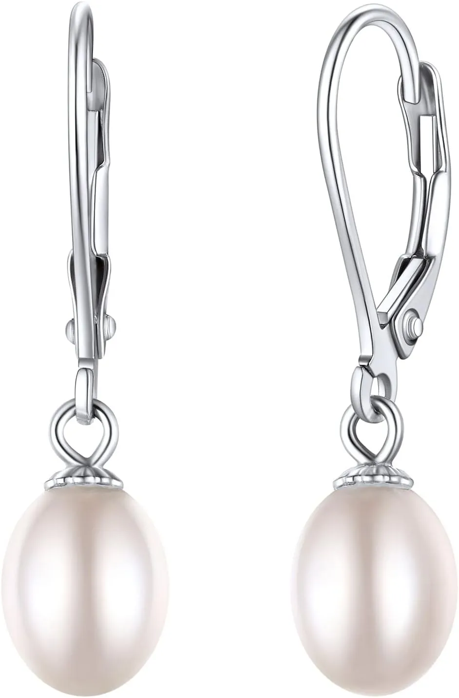 ChicSilver Pearl Earrings 925 Sterling Silver 8mm White Freshwater Cultured Pearl Dangle Earring Hypoallergenic Leverback Drop Pierced Earrings Jewelry