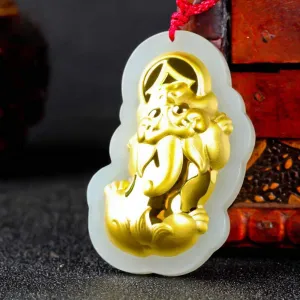Chinese Jade fine Jewelry Gold Jade Pendant Hetian Jade pixiu Pendant Men and Women Couple Lucky Amulet zhuanyun Necklace