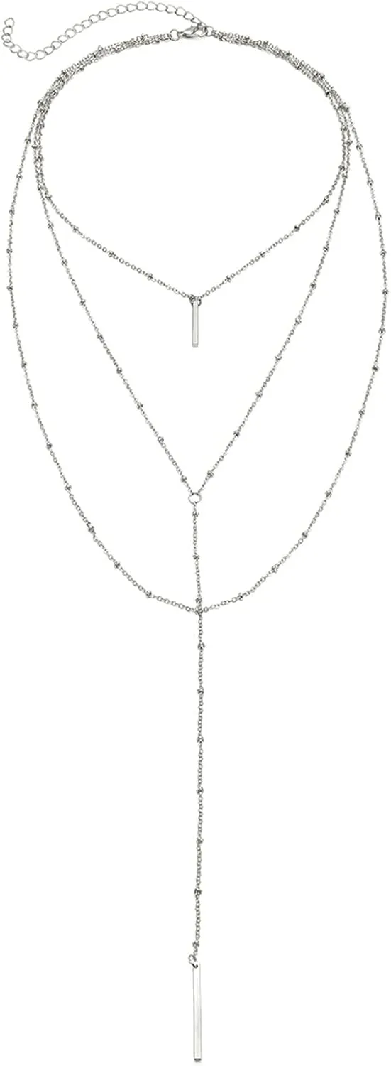 Choker Necklace Layered, Long Y Necklace 3 Layer Silver Layered Necklaces for Women Boho