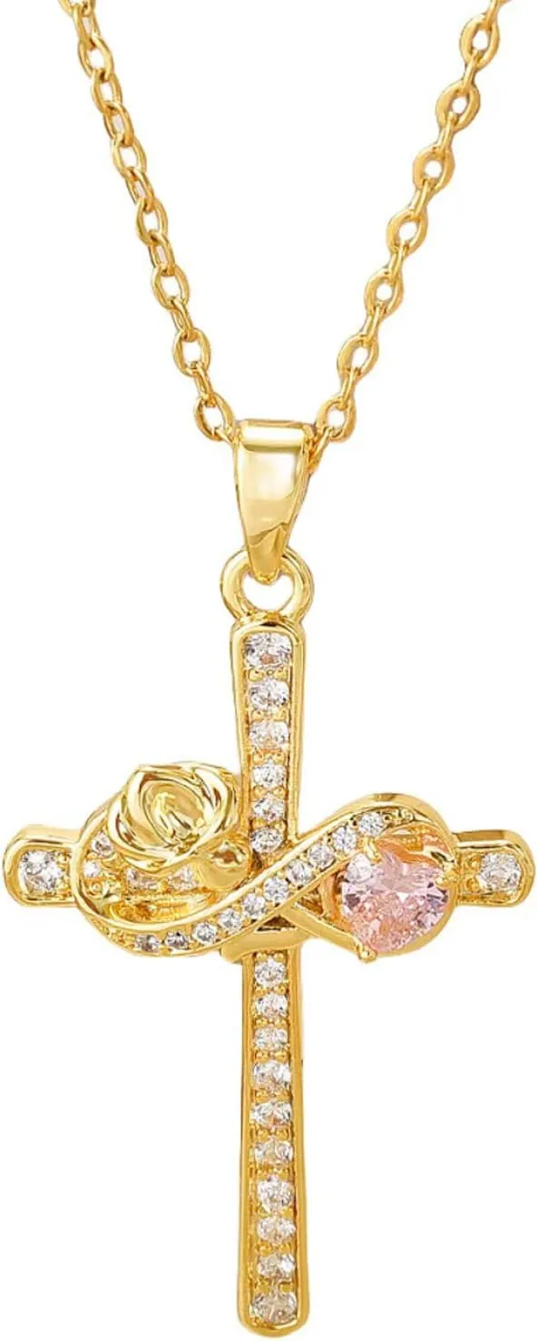Christian Cross Necklaces for Women Gold Plated Cubic Zirconia Cross Pendant Necklace Aesthetic Necklace Jewelry
