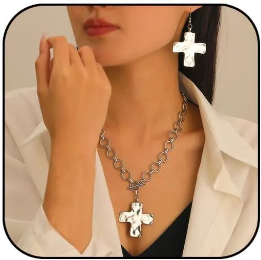 Chunky Gold Cross Necklace Earrings Set Statement Cross Pendant Necklace for Women Hammered Bold Cross Necklace Earrings Set Vintage Toggle Clasp Jewelry