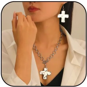 Chunky Gold Cross Necklace Earrings Set Statement Cross Pendant Necklace for Women Hammered Bold Cross Necklace Earrings Set Vintage Toggle Clasp Jewelry