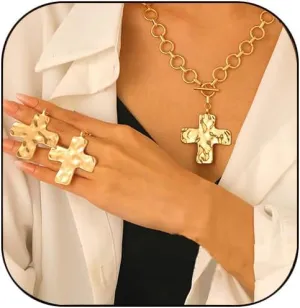 Chunky Gold Cross Necklace Earrings Set Statement Cross Pendant Necklace for Women Hammered Bold Cross Necklace Earrings Set Vintage Toggle Clasp Jewelry