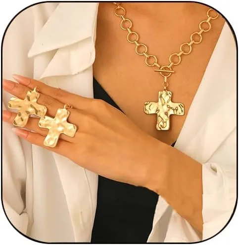 Chunky Gold Cross Necklace Earrings Set Statement Cross Pendant Necklace for Women Hammered Bold Cross Necklace Earrings Set Vintage Toggle Clasp Jewelry