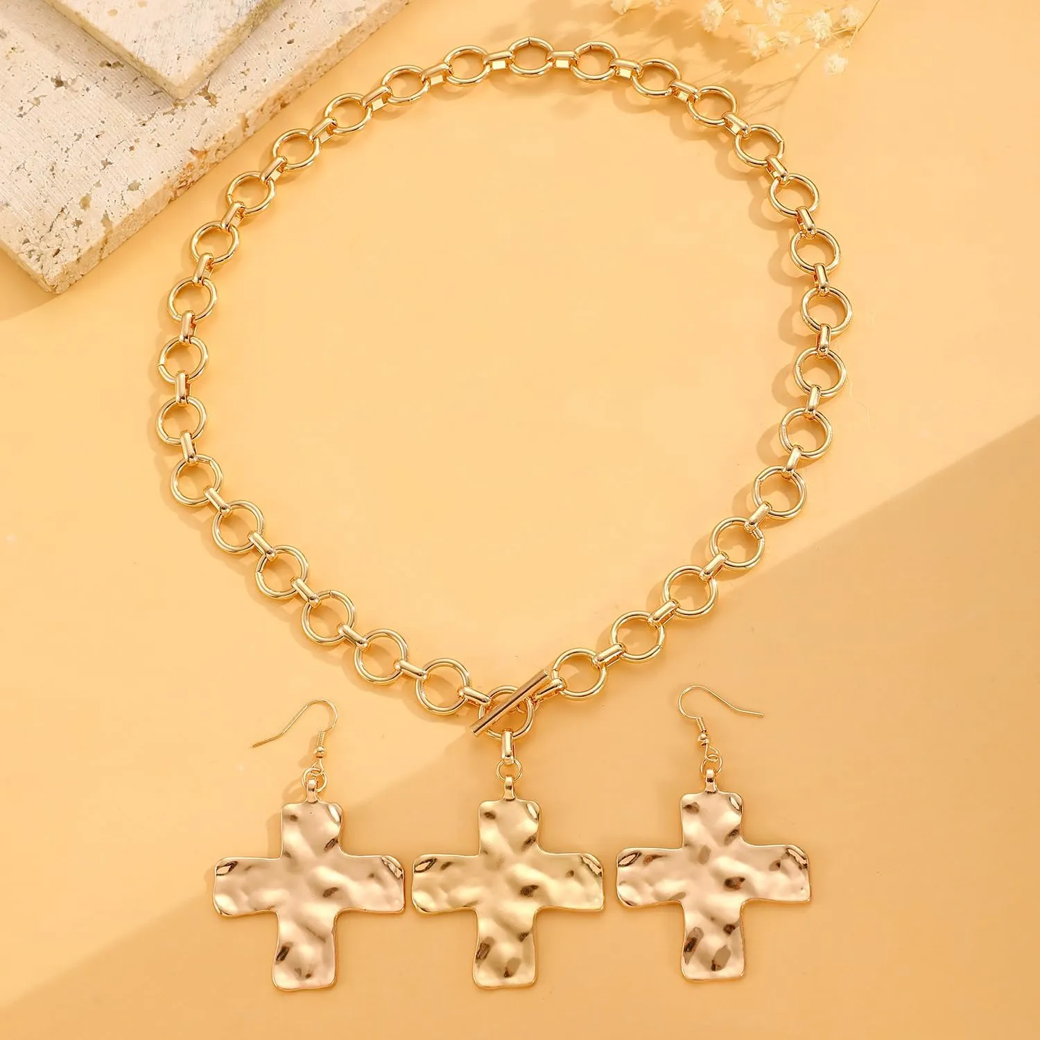 Chunky Gold Cross Necklace Earrings Set Statement Cross Pendant Necklace for Women Hammered Bold Cross Necklace Earrings Set Vintage Toggle Clasp Jewelry