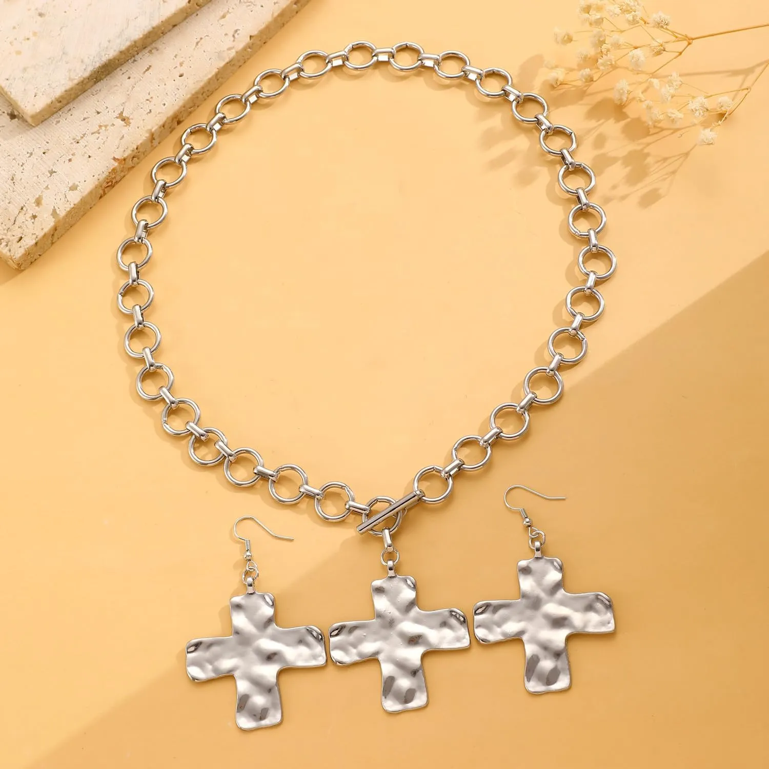 Chunky Gold Cross Necklace Earrings Set Statement Cross Pendant Necklace for Women Hammered Bold Cross Necklace Earrings Set Vintage Toggle Clasp Jewelry