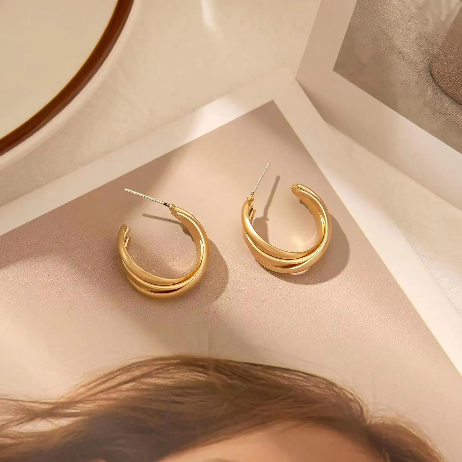 Chunky Gold Hoop Earrings for Women, Trendy 14K Gold Plated Gold/Silver Statement Earring Thick Open Double Hoop Earrings Lightweight Hypoallergenic Earrings Gold Jewelry