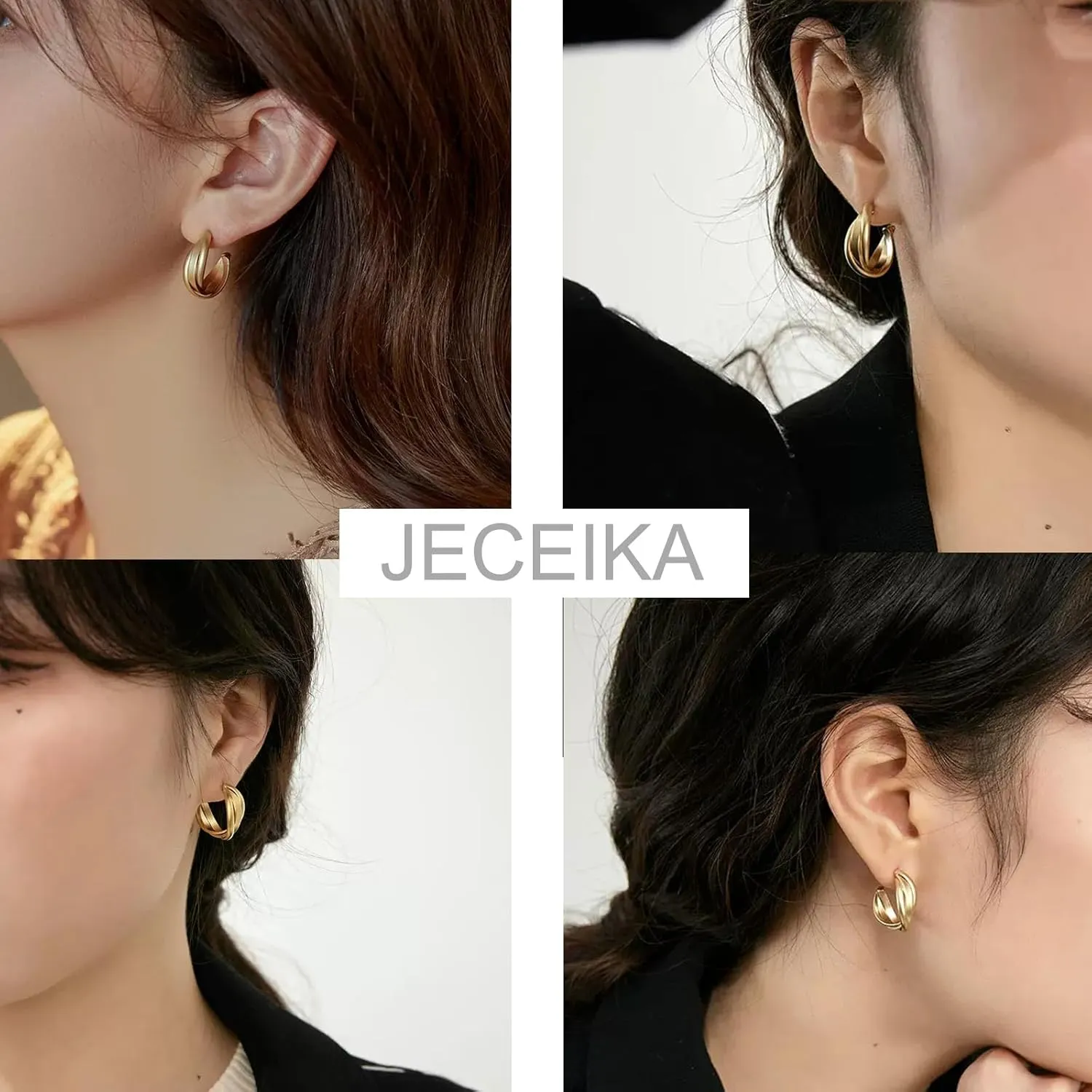 Chunky Gold Hoop Earrings for Women, Trendy 14K Gold Plated Gold/Silver Statement Earring Thick Open Double Hoop Earrings Lightweight Hypoallergenic Earrings Gold Jewelry