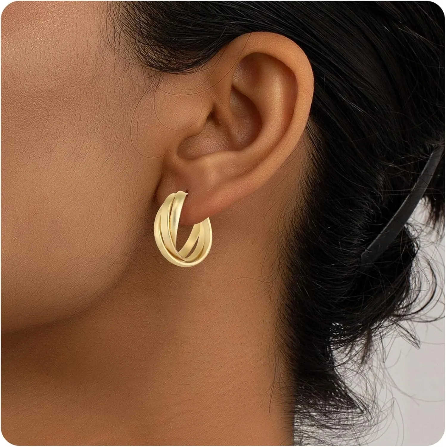 Chunky Gold Hoop Earrings for Women, Trendy 14K Gold Plated Gold/Silver Statement Earring Thick Open Double Hoop Earrings Lightweight Hypoallergenic Earrings Gold Jewelry