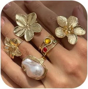 Chunky Gold Ring Set for Women Pearl Flower Crystal Open Statement Finger Knuckle Rings Punk Party Jewelry