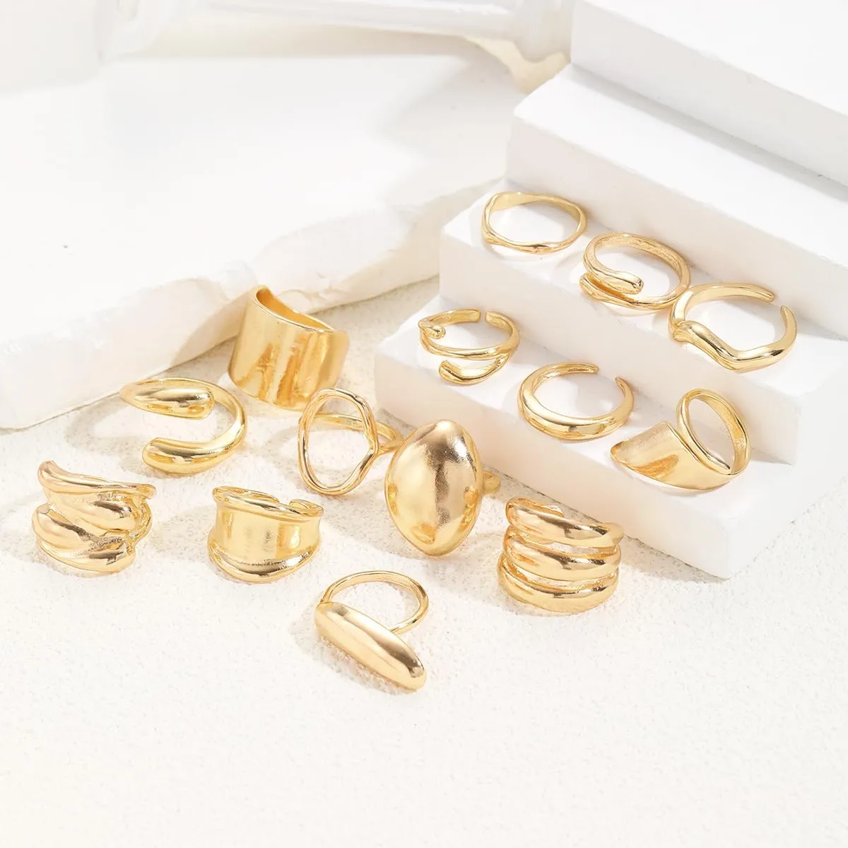 Chunky Gold Rings for Women 14K Gold Plated Stackable Knuckle Ring Set Adjustable Domed Gold Rings Statement Ring Set Pack