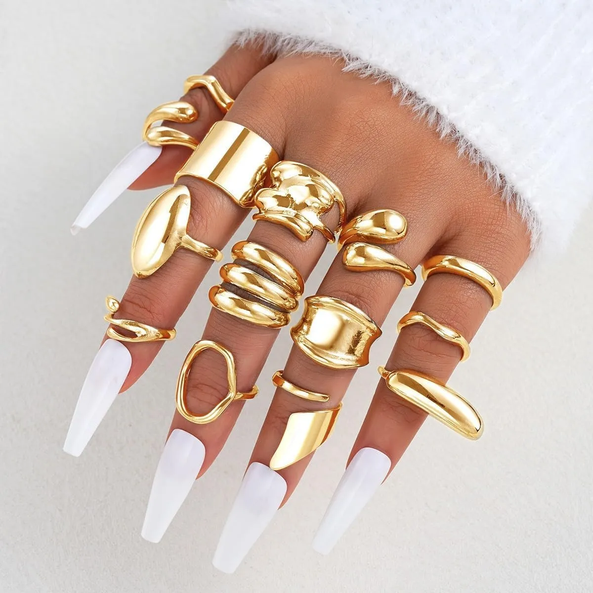 Chunky Gold Rings for Women 14K Gold Plated Stackable Knuckle Ring Set Adjustable Domed Gold Rings Statement Ring Set Pack