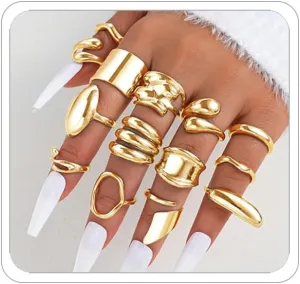 Chunky Gold Rings for Women 14K Gold Plated Stackable Knuckle Ring Set Adjustable Domed Gold Rings Statement Ring Set Pack