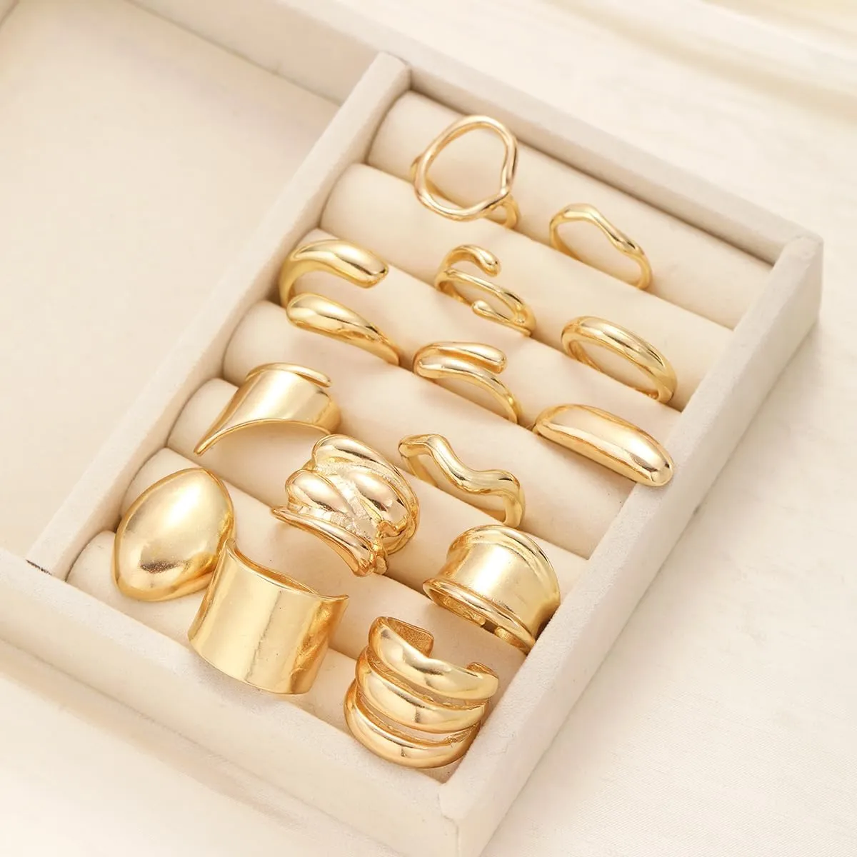 Chunky Gold Rings for Women 14K Gold Plated Stackable Knuckle Ring Set Adjustable Domed Gold Rings Statement Ring Set Pack