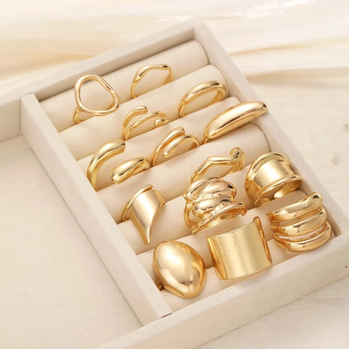 Chunky Gold Rings for Women 14K Gold Plated Stackable Knuckle Ring Set Adjustable Domed Gold Rings Statement Ring Set Pack
