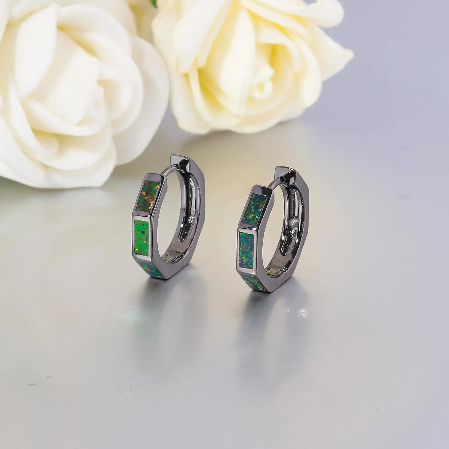 CiNily Opal Hoop Earrings for Women, Hexagon Huggie Earrings 14K White/Black/Gold Plated Hypoallergenic | Mini Hoop Earrings | Small Hoops for Sensitive Ear Christmas Halloween Jewelry Gifts
