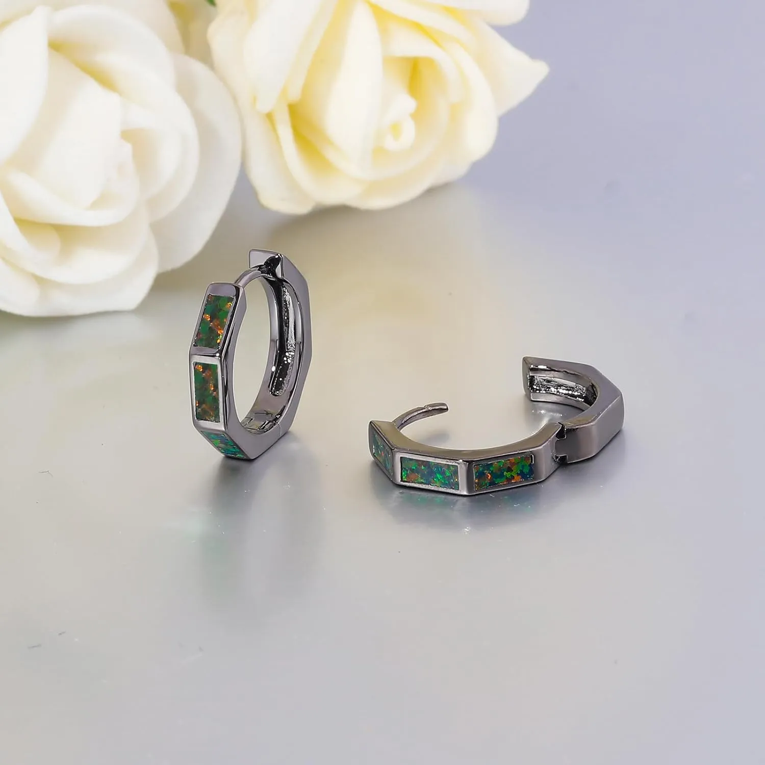 CiNily Opal Hoop Earrings for Women, Hexagon Huggie Earrings 14K White/Black/Gold Plated Hypoallergenic | Mini Hoop Earrings | Small Hoops for Sensitive Ear Christmas Halloween Jewelry Gifts