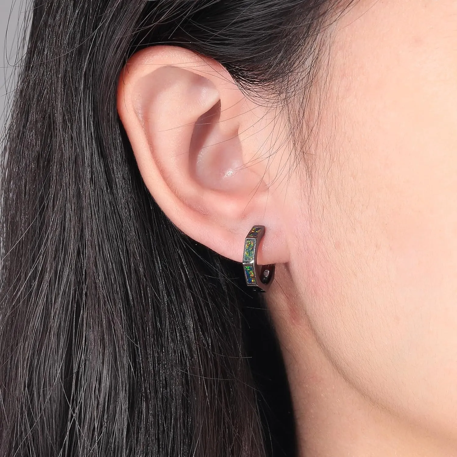 CiNily Opal Hoop Earrings for Women, Hexagon Huggie Earrings 14K White/Black/Gold Plated Hypoallergenic | Mini Hoop Earrings | Small Hoops for Sensitive Ear Christmas Halloween Jewelry Gifts
