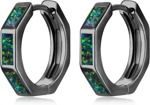CiNily Opal Hoop Earrings for Women, Hexagon Huggie Earrings 14K White/Black/Gold Plated Hypoallergenic | Mini Hoop Earrings | Small Hoops for Sensitive Ear Christmas Halloween Jewelry Gifts