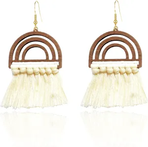 Colorful Rainbow Wooden Tassel Dangle Earrings Bohemian Hand-Knit Earrings Handmade Exaggeration Weaving Ethnic Tassel Pendant Earrings for Women Vintage Jewelry
