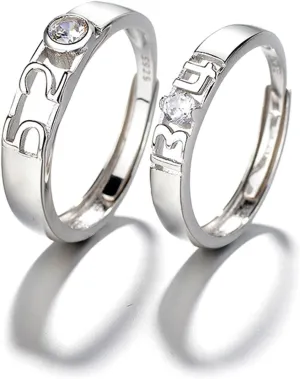 Couple Promise Rings, CZ Wedding Bands with Silver 520 and 1314 Number Couple Adjustable Band Jewelry Gift