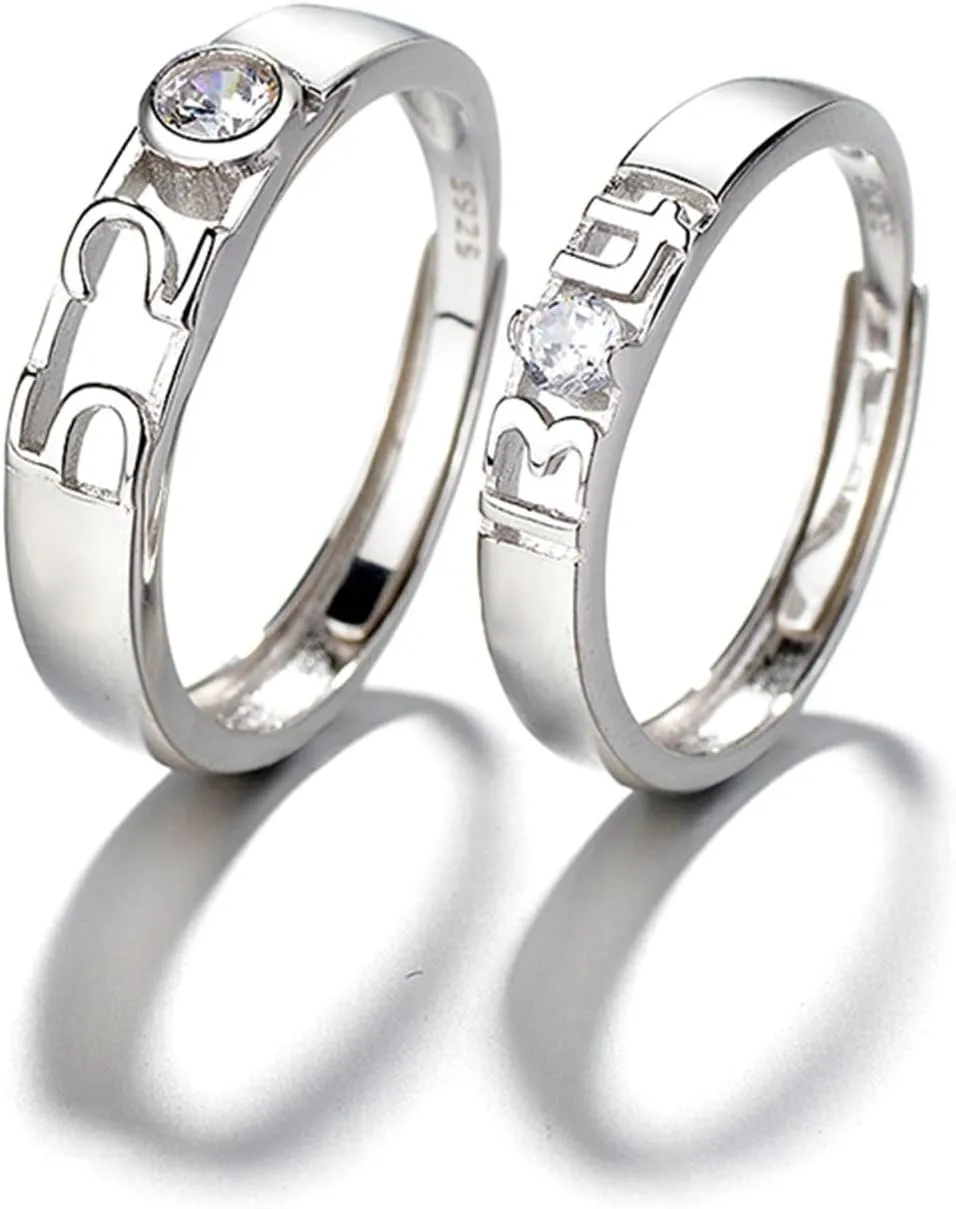Couple Promise Rings, CZ Wedding Bands with Silver 520 and 1314 Number Couple Adjustable Band Jewelry Gift
