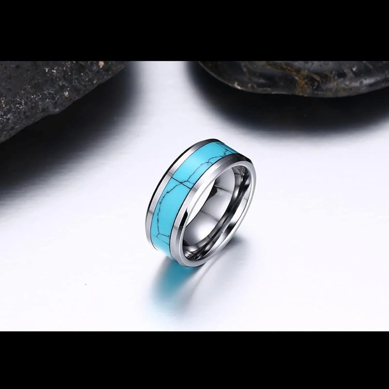 Couple Rings Customized Ring Engagement Men and Women,Couples Tungsten Rings 8MM Blue Silver Ring with Turquoise Couple Promise Rings