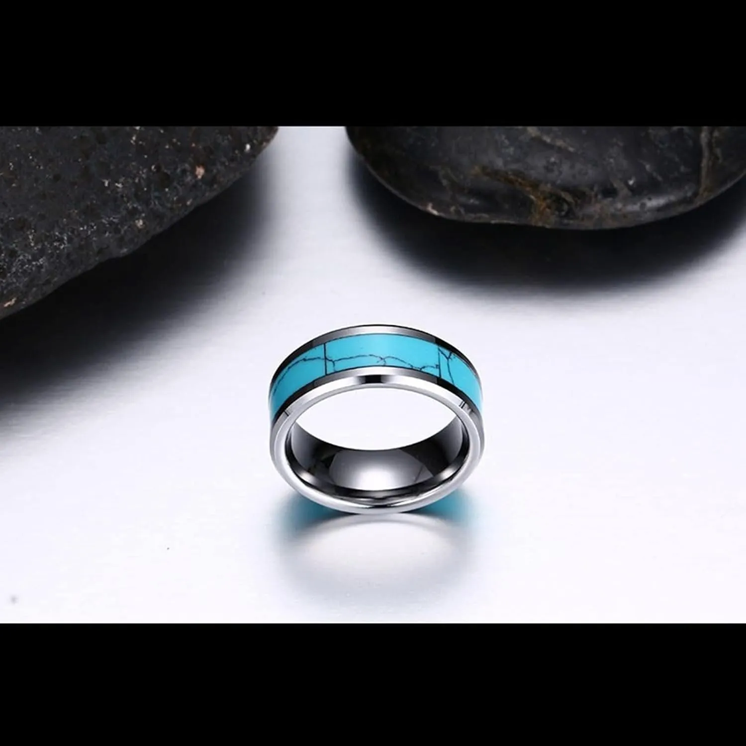 Couple Rings Customized Ring Engagement Men and Women,Couples Tungsten Rings 8MM Blue Silver Ring with Turquoise Couple Promise Rings