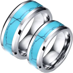 Couple Rings Customized Ring Engagement Men and Women,Couples Tungsten Rings 8MM Blue Silver Ring with Turquoise Couple Promise Rings