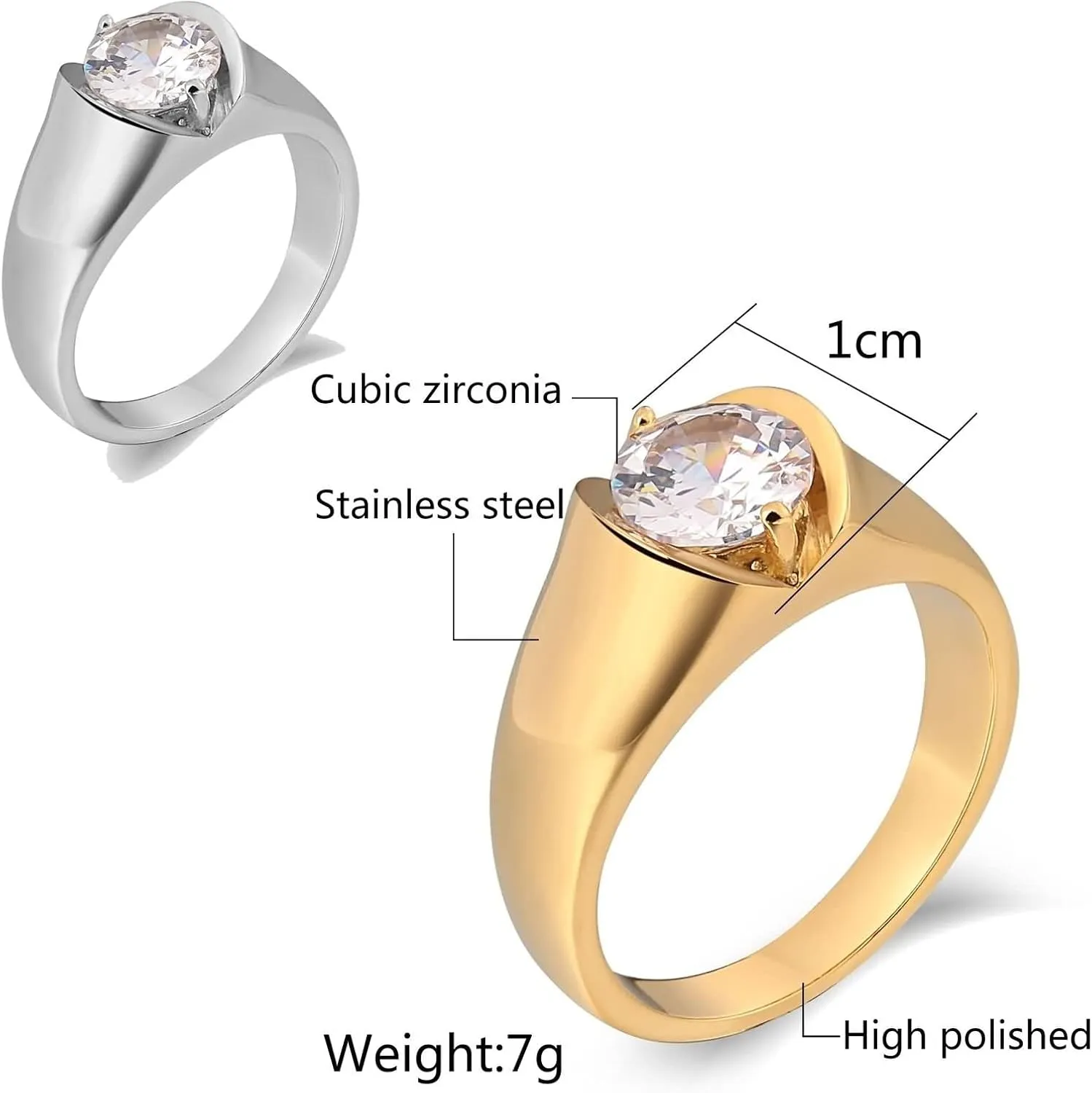 Couple Rings Engravable Men and Women's Wedding Rings,Stainless Steel Band Silver Gold Ring Round White Cubic Zirconia Rings Couple