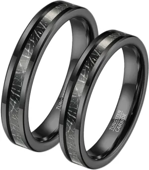 Couple Rings Engravable Women and Men Engagement Rings,Band Ring Tungsten 4MM Black Ring with Round Couple Promise Rings