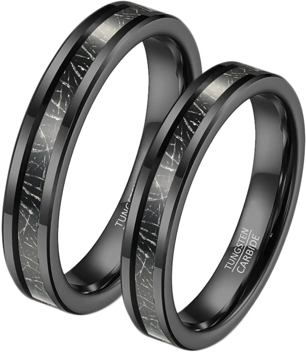 Couple Rings Engravable Women and Men Engagement Rings,Band Ring Tungsten 4MM Black Ring with Round Couple Promise Rings