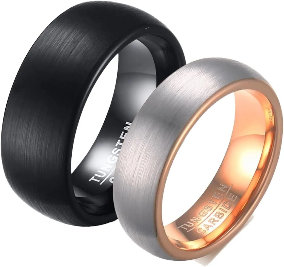 Couple Rings Engraving, Men Tungsten Ring Black Rose Gold Brushed Ring 8/6mm Wide Engagement Couple Rings