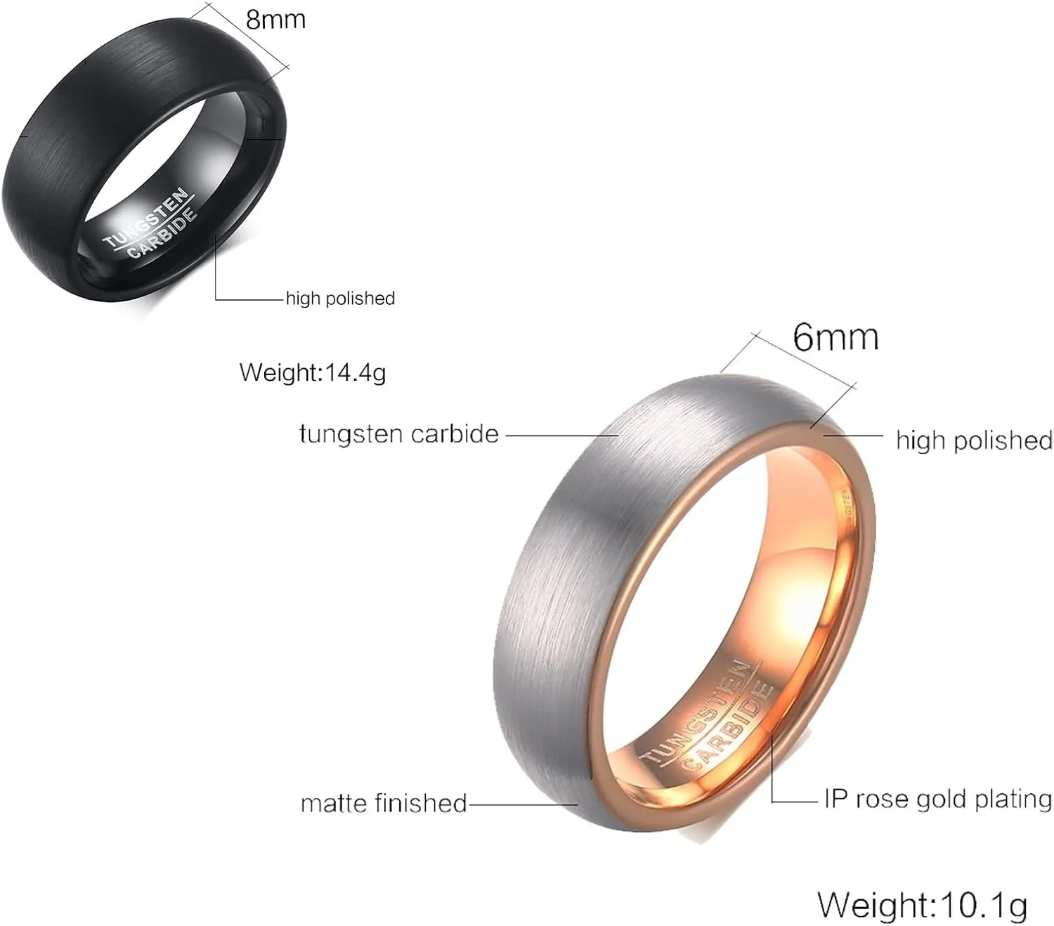 Couple Rings Engraving, Men Tungsten Ring Black Rose Gold Brushed Ring 8/6mm Wide Engagement Couple Rings